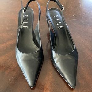 Black leather sling back heels
